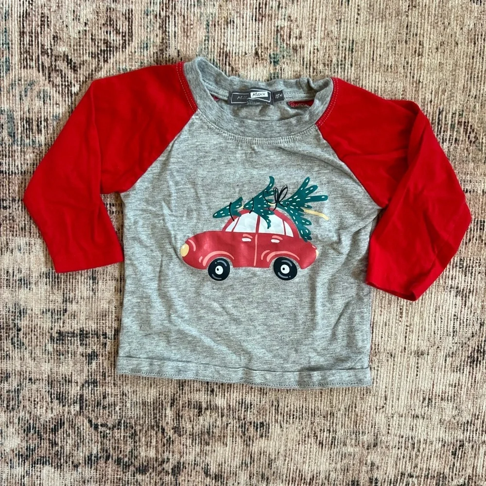 Gray and Red Kids Long Sleeve Tee with Car Print